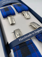 Albert Thurston for Cruciani & Bella Made in England Clip on Adjustable Sizing 35 mm elastic braces Blue Tartan X-Shaped Nickel Fittings Size: L #4795
