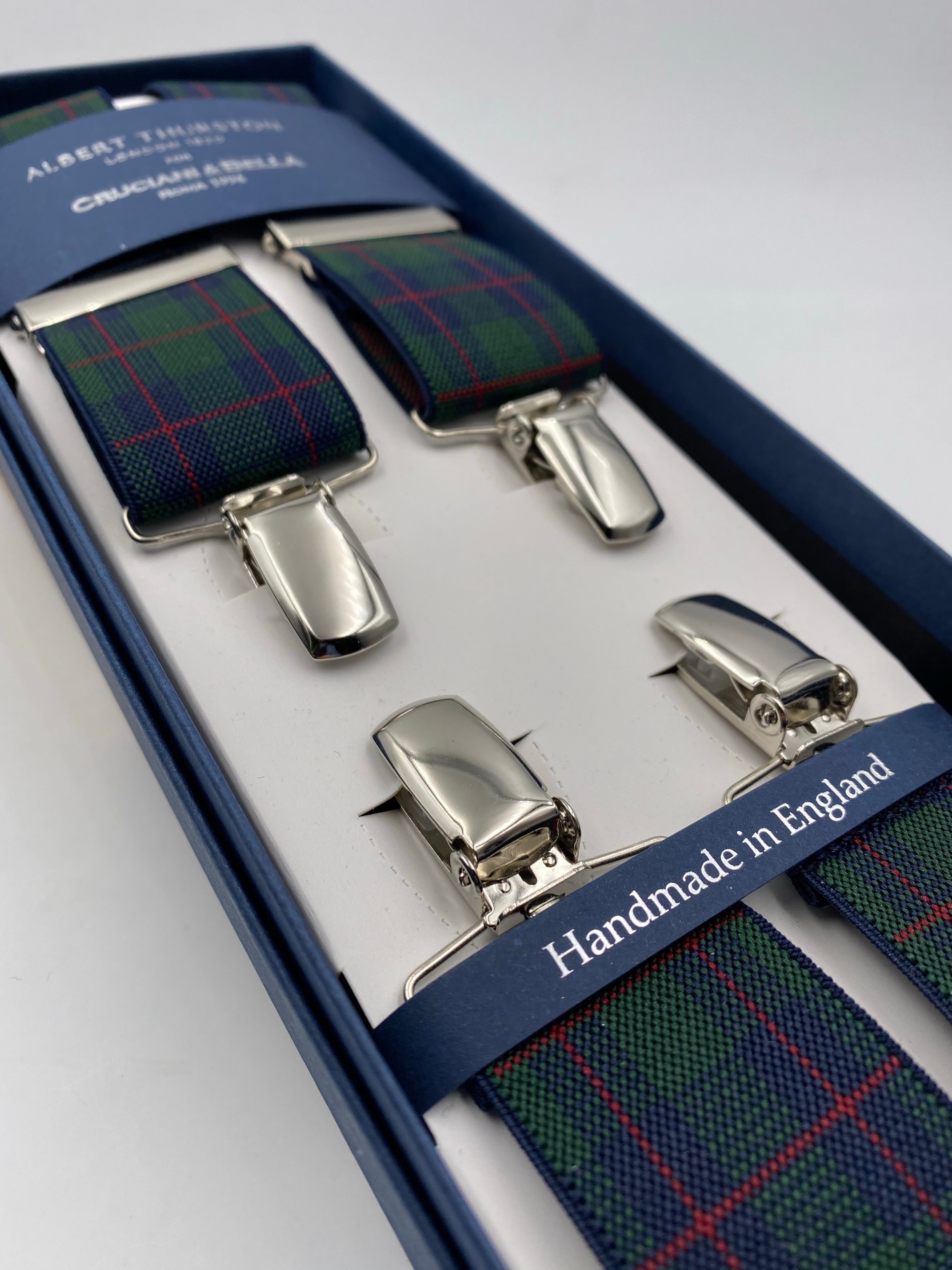 Albert Thurston for Cruciani & Bella Made in England Clip on Adjustable Sizing 35 mm elastic braces Green and Red Tartan X-Shaped Nickel Fittings Size: L #4792