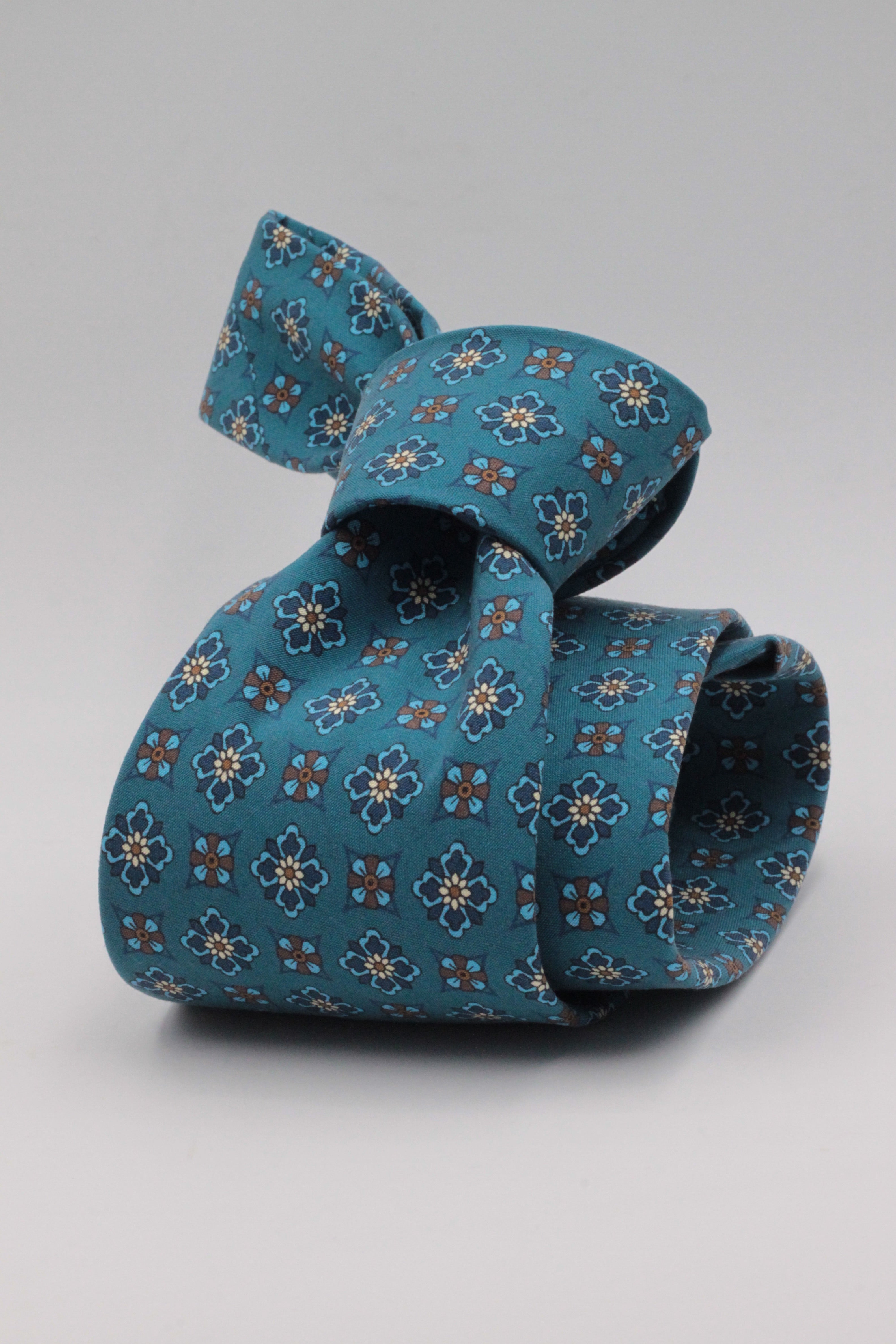 Cruciani & Bella - Printed Madder Silk - Blue Denim, Brown and Yellow Motif Tie #0165