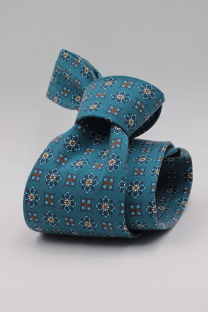 Cruciani & Bella - Printed Madder Silk - Blue Denim, Brown and Yellow Motif Tie #0165