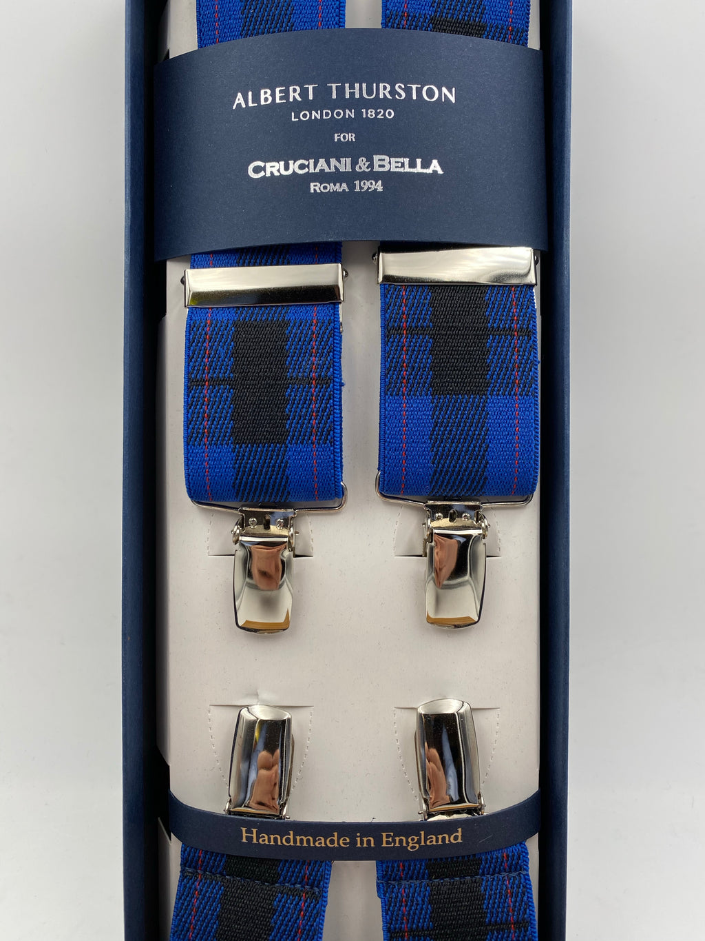 Albert Thurston for Cruciani & Bella Made in England Clip on Adjustable Sizing 35 mm elastic braces Blue Tartan X-Shaped Nickel Fittings Size: L #4795