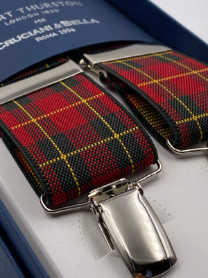 Albert Thurston for Cruciani & Bella Made in England Clip on Adjustable Sizing 35 mm elastic braces Light Red Tartan X-Shaped Nickel Fittings Size: L #4794