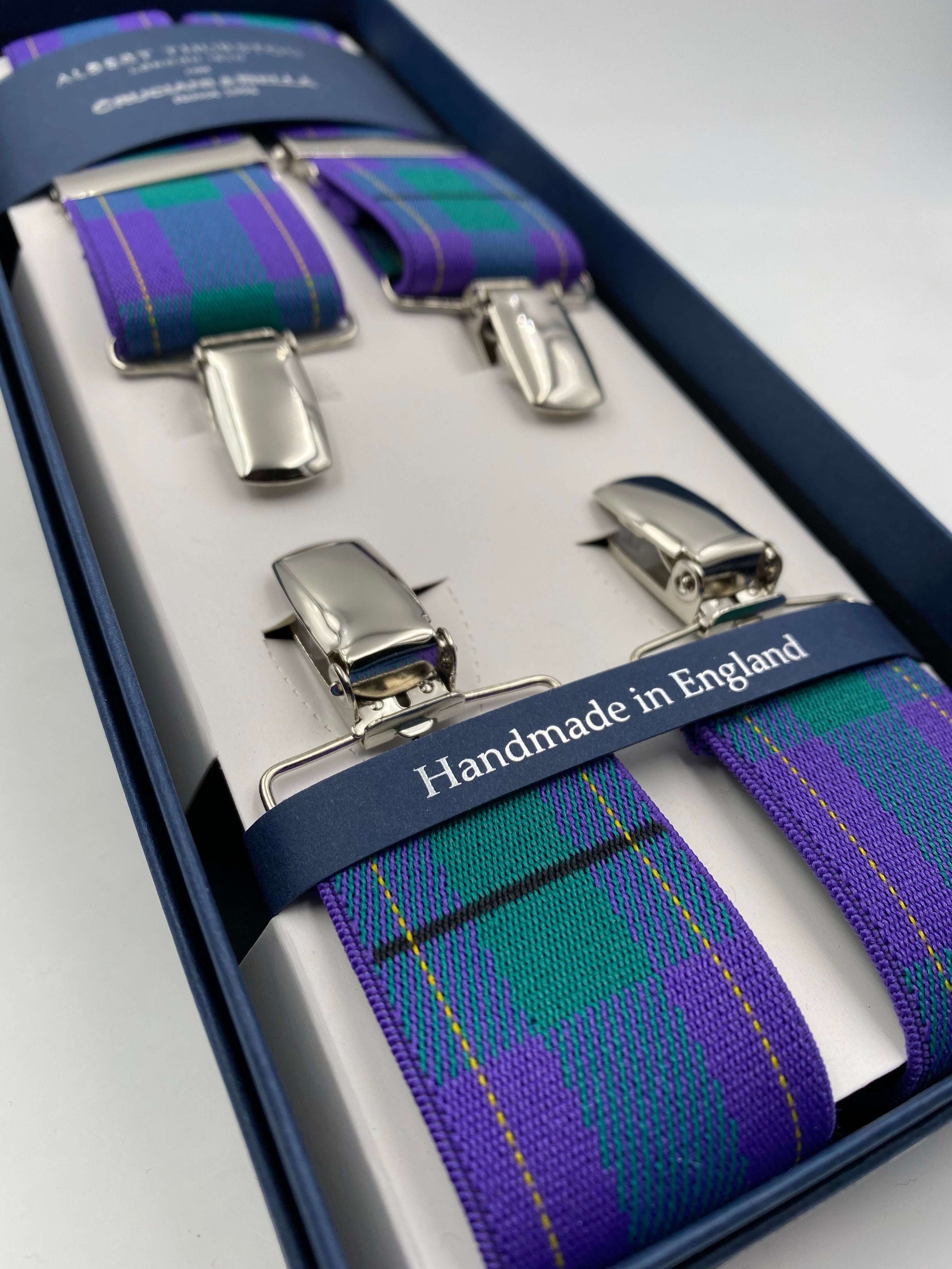 Albert Thurston for Cruciani & Bella Made in England Clip on Adjustable Sizing 35 mm elastic braces Purple and Green Tartan X-Shaped Nickel Fittings Size: L #4796