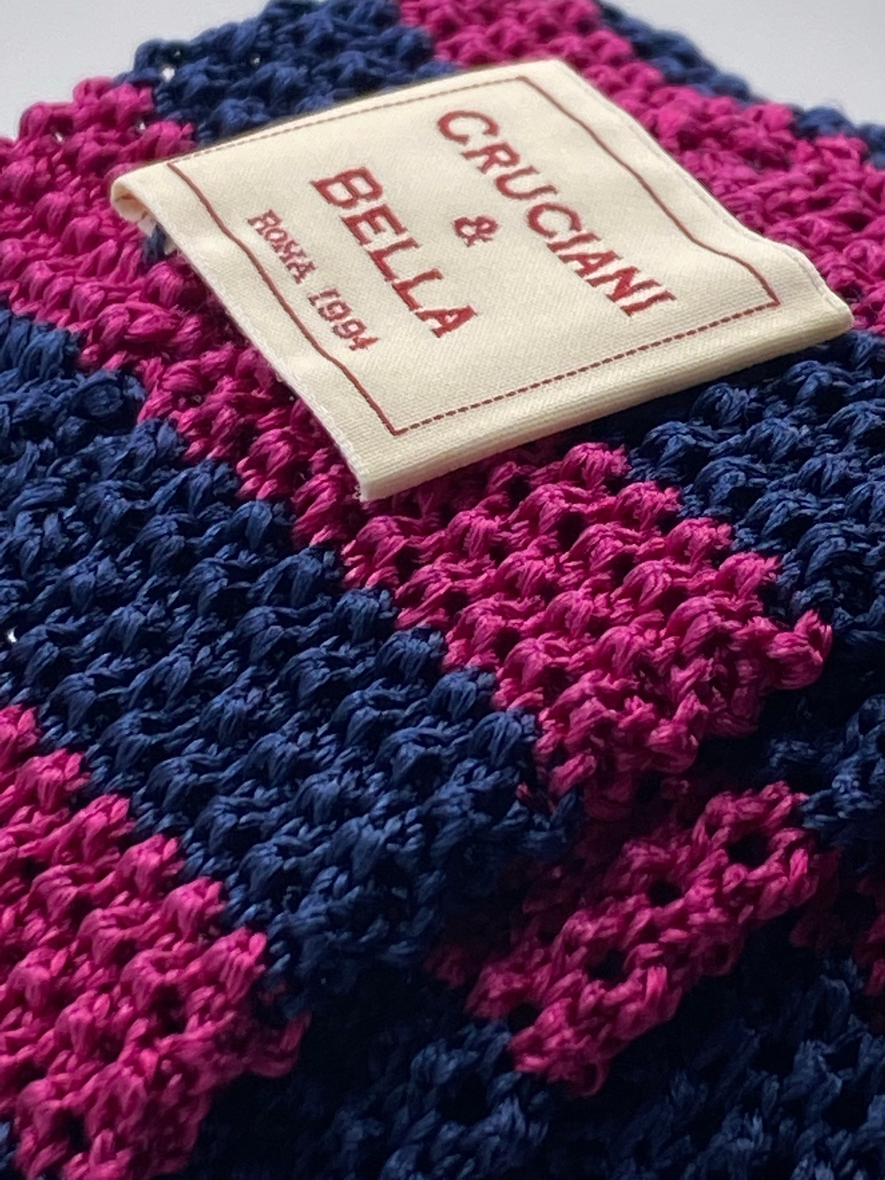 Cruciani & Bella 100% Knitted Silk Blue and Fuchsia stripe tie Handmade in Italy 6 cm x 147 cm