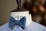 Noodles Bow Ties 100% Cotton Denim Light blue, white pin dots Handcrafted in Italy Coated metal hardware  Olive green gabardine inside Hand-stitched labels Handmade boxes Self-tie bow ties