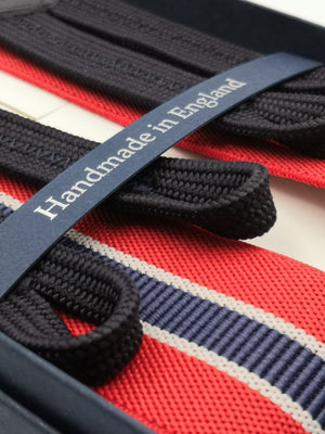 Albert Thurston for Cruciani & Bella Made in England Adjustable Sizing 35 mm elastic  braces Red, Blue and White stripes Braid ends Y-Shaped Nickel Fittings Size: L