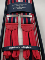Albert Thurston for Cruciani & Bella Made in England Adjustable Sizing 35 mm elastic  braces Blue, Red and White stripes Braid ends Y-Shaped Nickel Fittings Size: L