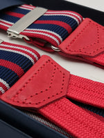 Albert Thurston for Cruciani & Bella Made in England Adjustable Sizing 35 mm elastic  braces Blue, Red and White stripes Braid ends Y-Shaped Nickel Fittings Size: L
