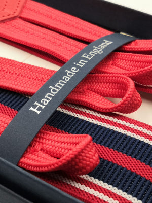 Albert Thurston for Cruciani & Bella Made in England Adjustable Sizing 35 mm elastic  braces Blue, Red and White stripes Braid ends Y-Shaped Nickel Fittings Size: L