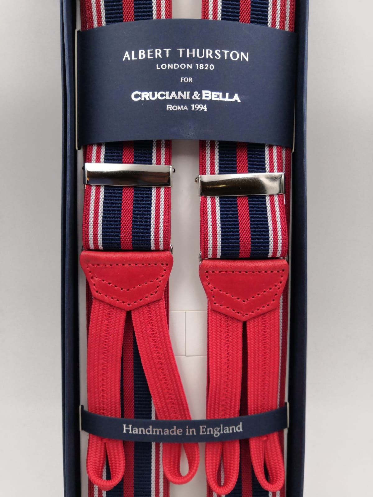Albert Thurston for Cruciani & Bella Made in England Adjustable Sizing 35 mm elastic  braces Blue, Red and White stripes Braid ends Y-Shaped Nickel Fittings Size: L