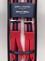 Albert Thurston for Cruciani & Bella Made in England Adjustable Sizing 35 mm elastic  braces Blue, Red and White stripes Braid ends Y-Shaped Nickel Fittings Size: L