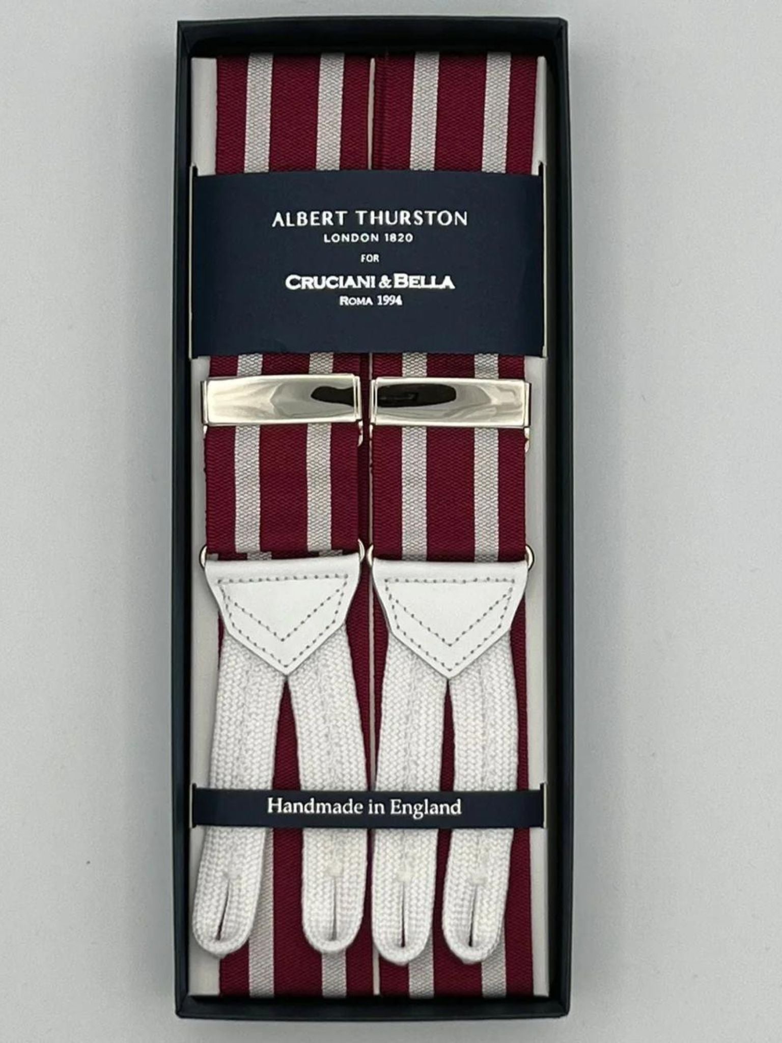 Albert Thurston for Cruciani & Bella Made in England Adjustable Sizing 40 mm Woven Barathea  Red, White Stries Braces Braid ends Y-Shaped Nickel Fittings Size: XL