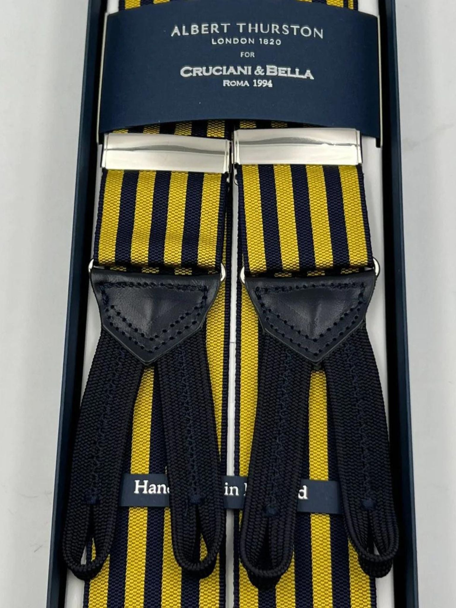 Albert Thurston for Cruciani & Bella Made in England Adjustable Sizing 40 mm Woven Barathea  Blue and Yellow Stripes Braces Braid ends Y-Shaped Nickel Fittings Size: XL